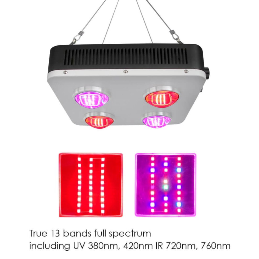 All our Grow Lights LED Full Spectrum come with a UV (ultra violet) 380nm and 420nm as well as IR (infra red) 720nm and 760nm LED`s to help promote, amino acids & naturally produced oils by 25%.